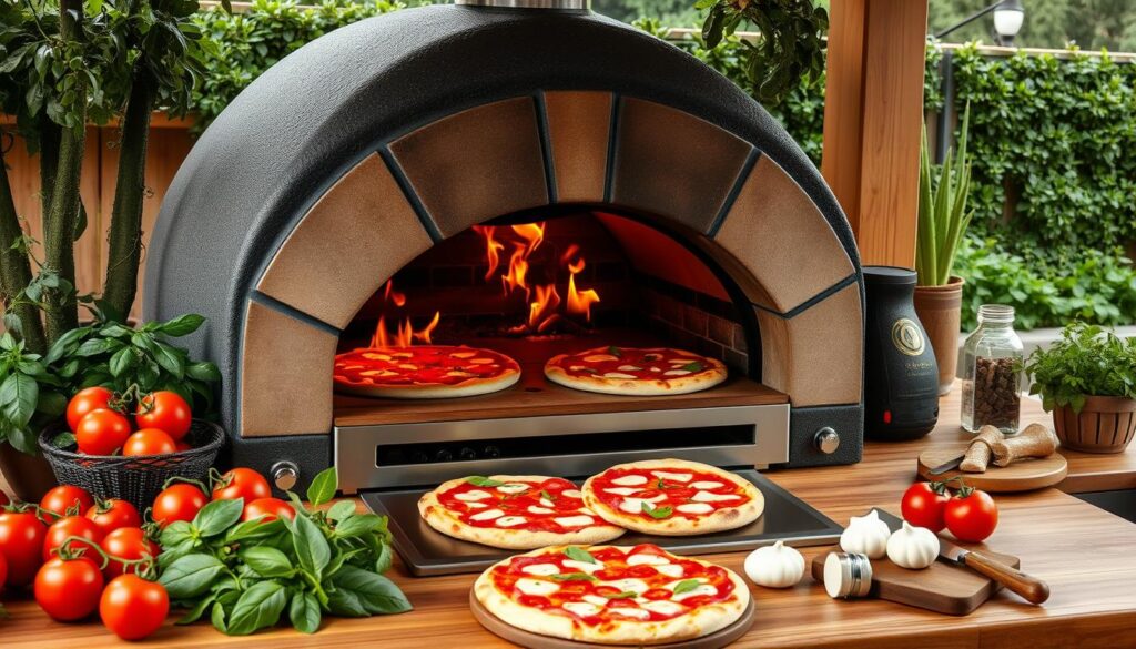 Multi-fuel pizza cooking in outdoor pizza oven Multi-fuel pizza cooking in outdoor pizza oven